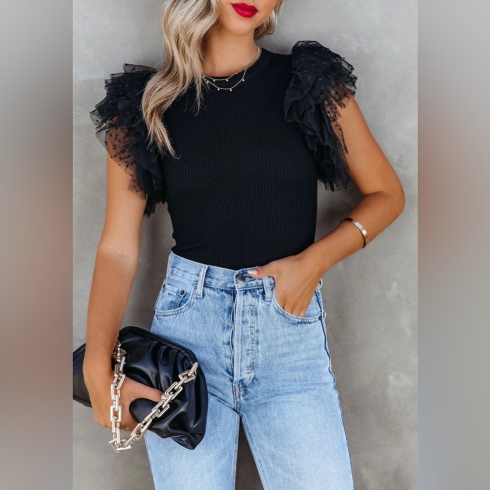 Dotty Mesh Ruffle Sleeve Ribbed Knit Top - Picture 2 of 9